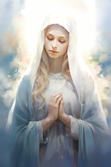 Virgin Mary watercolor portrait praying white hooded robe glowing peaceful