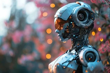 Poster Robot Gazing Amidst Cherry Blossoms. A robotic figure admires cherry blossoms, blending nature and technology. © AI Visual Vault