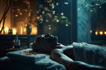 A tranquil spa setting with a person lying down surrounded by candles and botanicals, encapsulating a serene wellness atmosphere.


