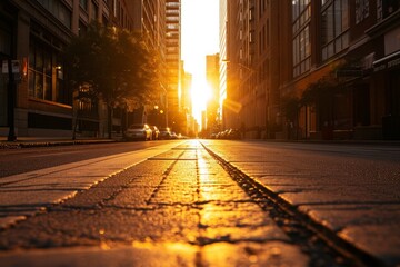 Urban sunrise on an empty street, perfect for themes of new beginnings, city life, quiet moments,...