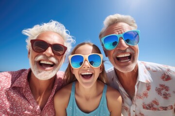 A group of people wearing sunglasses and smiling