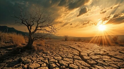 Dead tree on cracked earth. Global warming, climate change concept