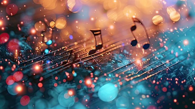 Music notes on a circuit board with bokeh background, music concept