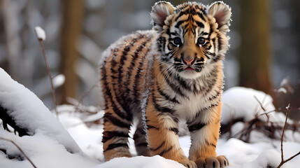 A cute baby tiger on a snow with clean background