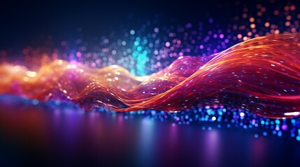 Abstract multicolored particles flow swiftly through dark expanse of cyberspace representing fast flow of data in computer network, digital data flow evoking symphony of digital communication