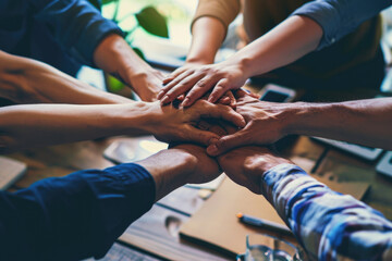 a group of business people holding their hands above each other, team building - obrazy, fototapety, plakaty