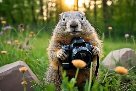 A groundhog taking a picture with a camera
