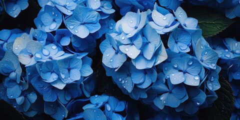 A bunch of blue flowers with water droplets on them