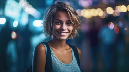 Obraz premium Portrait of pretty smiling girl on night lights background, encapsulating spirit of youthful night life, atmosphere is lively, pulsating with energy of young woman immersed in vibrant nightlife