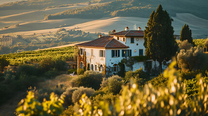 A elegant villa in the Tuscan countryside, with rolling vineyards as the background, during a bright summer day