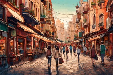 A lively cityscape with people walking along vibrant streets lined with shops and cafes.