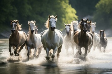 horses running through a river. Generative AI