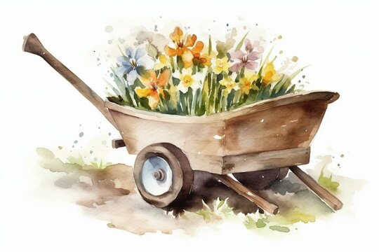 recommend clip art: Watercolor illustration of old-fashioned spring wheelbarrow. Generative AI