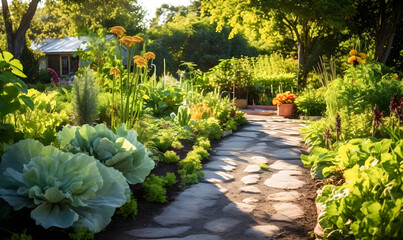 A Beautiful Spring Garden with a Path and Flowers