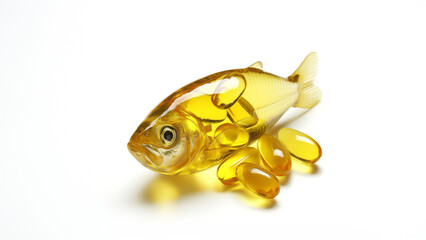 Vitamin Omega 3. Fish oil. Gold fish isolated on white background. Generative AI