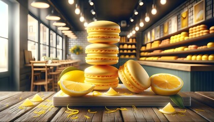 Macarons au chocolat et citron, symboles d'un repas raffiné, ajoutent une touche d'or à votre petit déjeuner. - obrazy, fototapety, plakaty