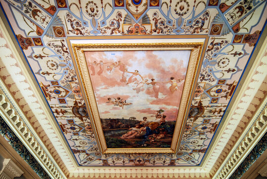 Corfu Island, Greece - June 6, 2008: Ceiling in entrance hall of Achilleion palace built for Elisabeth of Austria - Sisi, Corfu Island