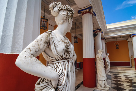 Corfu Island, Greece - June 6, 2008: Terrace with Muses statues in Achilleion palace built for Elisabeth of Austria - Sisi, Corfu Island