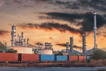 Fototapeta na wymiar Oil refinery with a train car in the foreground and a beautiful sky in the background.