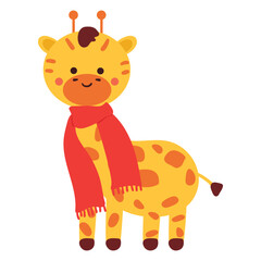 hand drawing cartoon giraffe with scarf. cute animal sticker and doodle