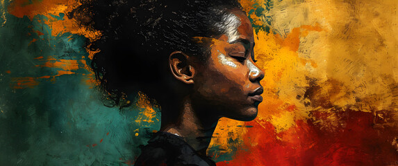 Black history month background with African-American woman's profile over red, yellow, green, and black colors background, celebrating Juneteenth freedom day, racial equality, freedom, and human right - obrazy, fototapety, plakaty