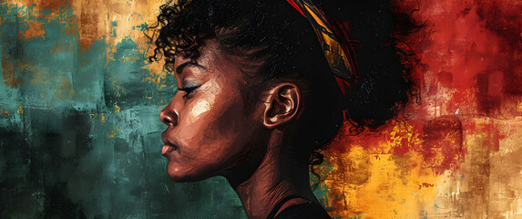 African-American woman in profile against red, yellow, and green background for Black History Month, Juneteenth, racial equality, freedom, and human rights,