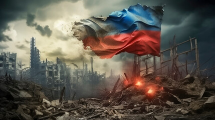 Imagined Russian flag over a destroyed battlefield with smoke and rubble - obrazy, fototapety, plakaty