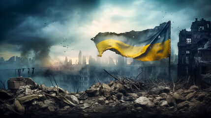 Imagined Ukranian flag over a destroyed battlefield with smoke and rubble - obrazy, fototapety, plakaty