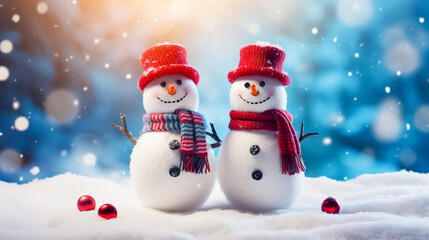 Obraz premium Couple Snowman standing outside on a winters day. Concept of winter, snow and childhood.