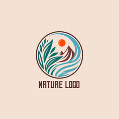 Nature Logo Line Art with Forest, Tree, Mountain, Sun and Ocean Waves. Vintage Style Nature Logo for Hiking, Tourism, Travel Company. 
Minimal Geometric emblem Logo or Badge Design Vector Illustration