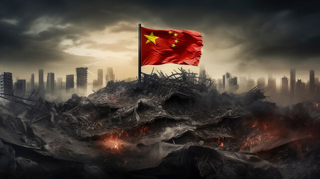Imagined Chinese flag over a destroyed battlefield with smoke and rubble