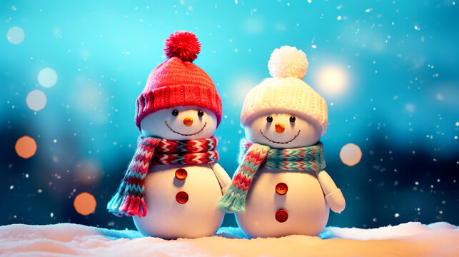 Couple Snowman standing outside on a winters day. Concept of winter, snow and childhood.