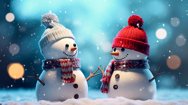 Couple Snowman standing outside on a winters day. Concept of winter, snow and childhood.
