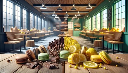 Sur une table, des macarons chocolat et citron mêlent élégance et saveur, offrant un spectacle alimentaire raffiné. - Powered by Adobe