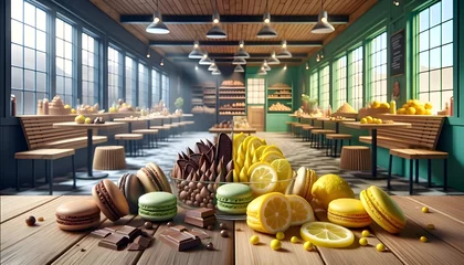 Foto op Plexiglas Macarons Sur une table, des macarons chocolat et citron mêlent élégance et saveur, offrant un spectacle alimentaire raffiné.