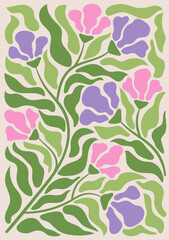 Abstract flower posters. Trendy botanical wall arts with floral design in danish pastel colors. Matisse floral paintings. Vector naive art print