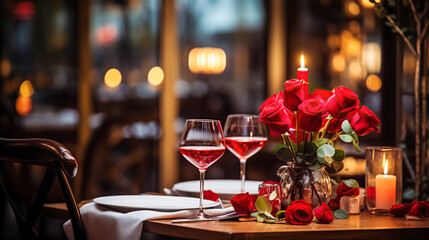 Festive table setting with elegant wine glasses and beautiful red roses on a Valentine's Day...