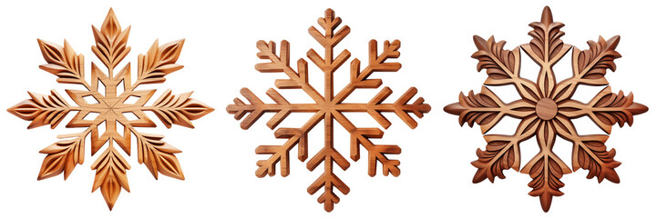 Set of different wooden snowflakes cut out on a white or transparent background. Christmas and New Year concept. A design element to be inserted into a design or project.