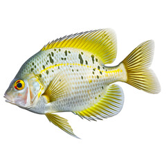 Multicolored aquarium fish on a transparent background, side view. The Sunfish, an yellow and white saltwater aquarium fish, isolated on a white background, a design element for insertion