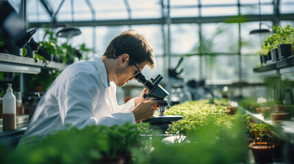 Male scientist in a lab coat examining plants with a microscope in a greenhouse