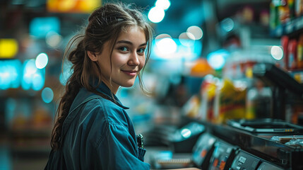 Naklejka premium A woman cashier smiles. She is dressed in her work clothes at the checkout in a supermarket