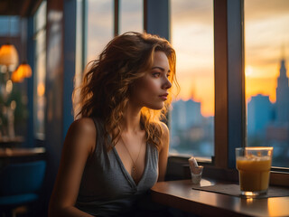 A beautiful woman sitting in a cafe