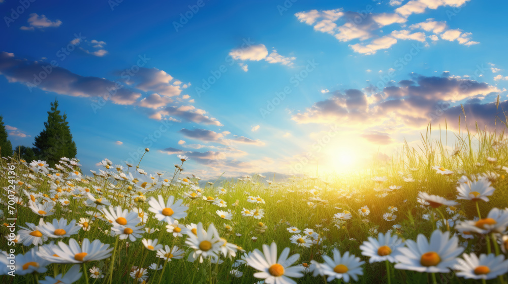 Poster field of daisies with a golden sunrise in the background