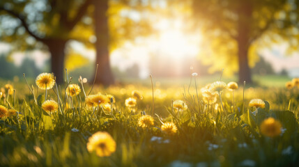 Field of dandelions bathed in the warm glow of sunlight with floating seeds in the air