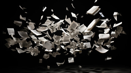 Numerous white papers scattered and suspended in the air against a dark background.