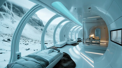 The interior of a futuristic hotel room with AI assistants in the icefields - obrazy, fototapety, plakaty