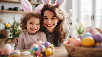 Fototapeta na wymiar Portrait of a woman and a young child with bunny ears, smiling and engaging in Easter festivities, likely painting Easter eggs