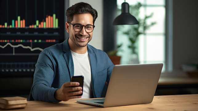 Man wearing glasses, smiling, and holding a smartphone in his hand, with a laptop open in front of him