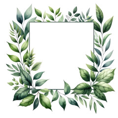 A square watercolor frame green leaves on transparent background