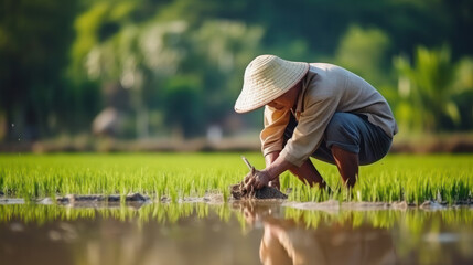 Naklejka na ściany i meble Thai farmer planting rice in the rice paddy field, farmer planting paddy tree, working in the farming season, country life